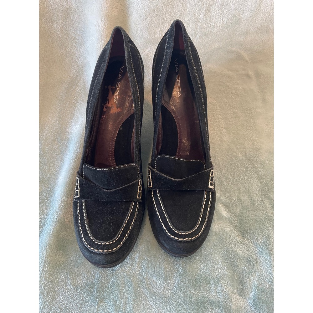 Via Spiga Black Suede Wedge Pumps Loafer Heels Contrast Stitching Platform